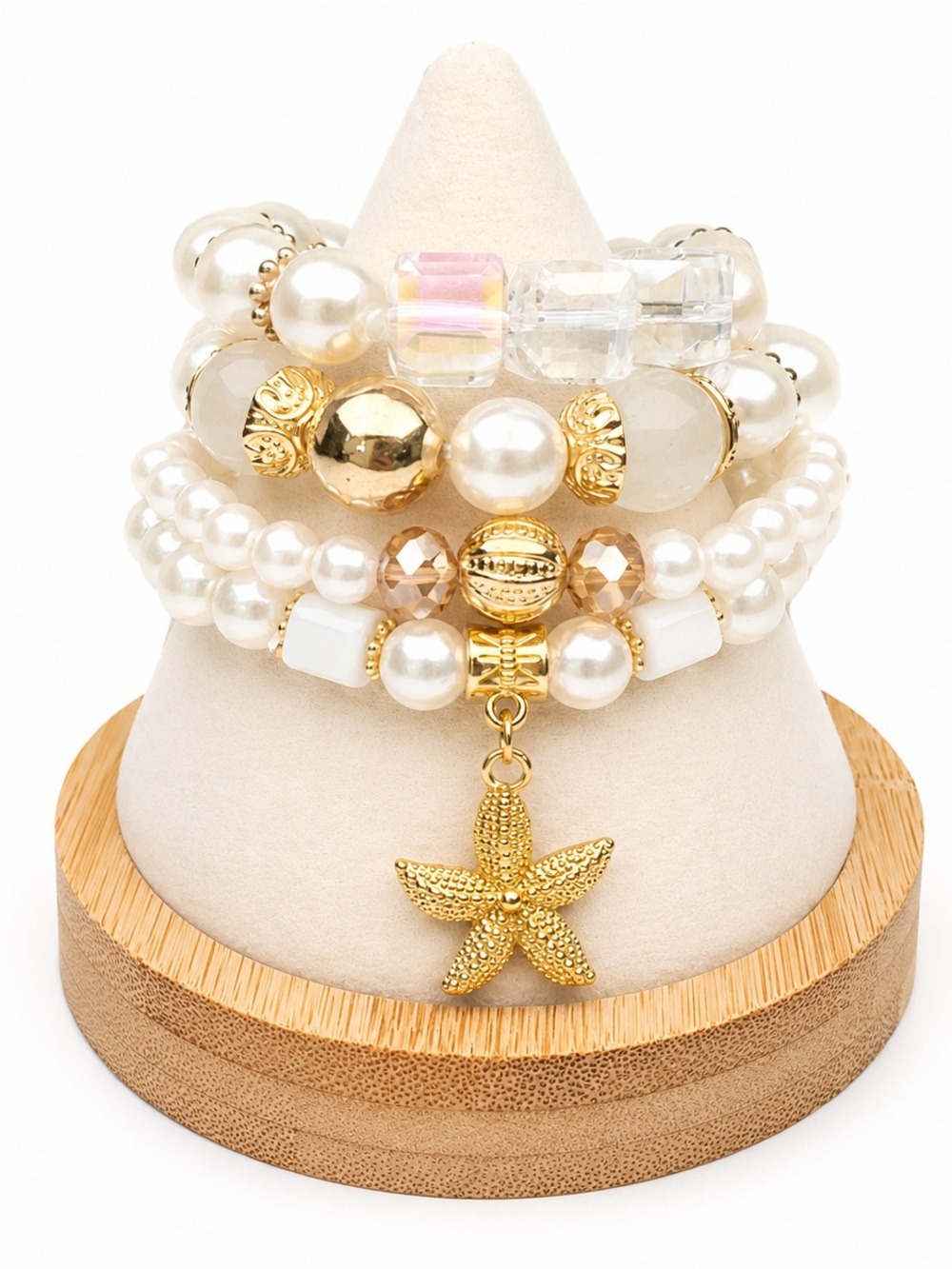 Pearl Crystal Coastal Grandma Bracelet Stack Gold Starfish Charm Boho Whimsical